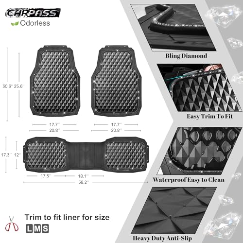 CAR PASS Bling Diamond Rubber Car Mats, Heavy Duty Deep Dish All-Weather Floor Mat Full Set Anti-Slip 3D Rhombus Waterproof Trim to Fit Liner Universal Glitter Sparkly Shining Rhinestone, 3 Pcs Black - color: Black Diamond