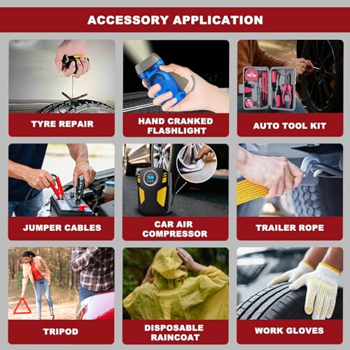 All-in-One Car Emergency Kit with Digital Tire Inflator, Jumper Cable, Tow Strap, Reflective Triangle, First Aid Kit, Hand Crank Flashlight, and Repair Tools for Roadside Safety (Red) - color: Red