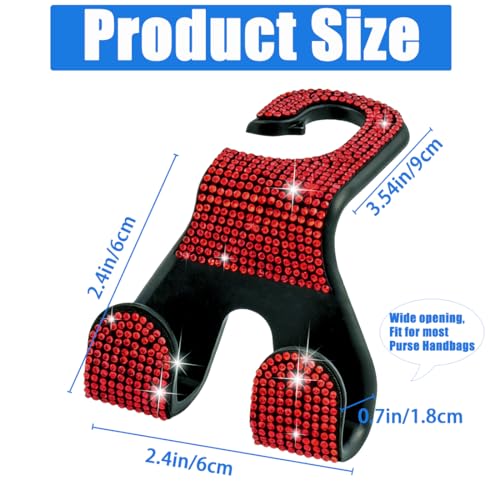 Bling Car Purse Hooks 2Pcs, Durable Car Headrest Hook, Holds 44Lbs, Double-Hooks, Wide-Opening, Rhinestone Automobile Purse Hangers Holder, Bling Car Accessories for Women, Red - color: Bling Red