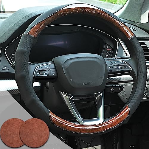 Wood Grain Steering Wheel Cover Car Steering Wheel Covers 14.5-15 inch with Coasters Microfiber Leather Splicing Breathable Anti-Slip Durable Universal Auto Steering Wheel Protective - color: wood grain