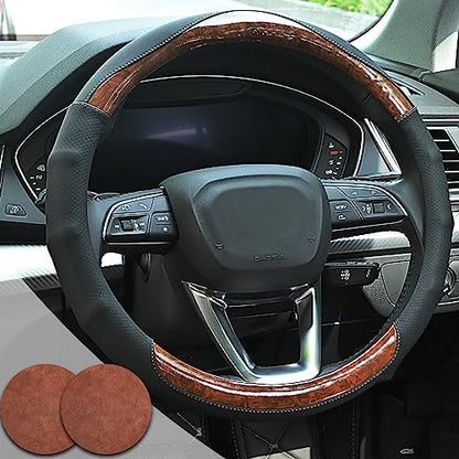 Wood Grain Steering Wheel Cover Car Steering Wheel Covers 14.5-15 inch with Coasters Microfiber Leather Splicing Breathable Anti-Slip Durable Universal Auto Steering Wheel Protective - color: wood grain