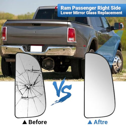 Passenger Right Side Lower Mirror Glass Replacement，For 2010-2020 Dodge Ram 1500 2500 3500 4500 5500 Towing Model, 68067730AA，Right Pass Convex Lower Mirror Glass， with Bracket
