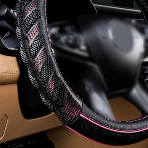 Flying Banner car Steering Wheel Cover Faux Leather Massage Universal fit 3D Honeycomb Hole Anti-Slip Sporty 15 Inches (Pink Black) - color: Pink black