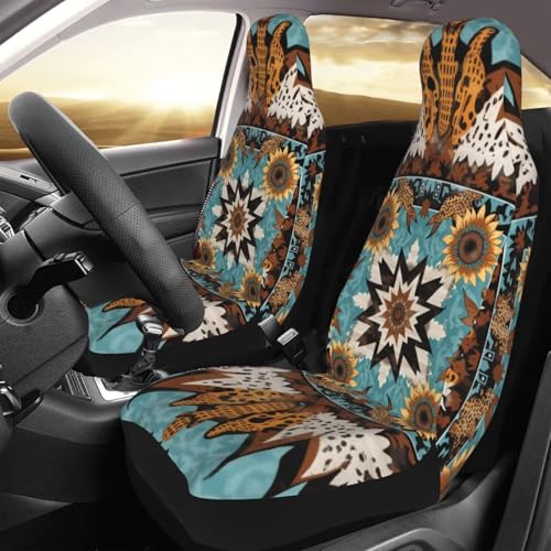 Car Seat Covers for SUV Truck Van Sedans Boho Sunflower Aztec Polyester Fabric Front Bucket Seat Cover Southwest Western Cow Teal Blue Car Accessories, Set of 2pcs - color: BOHO Sunflower