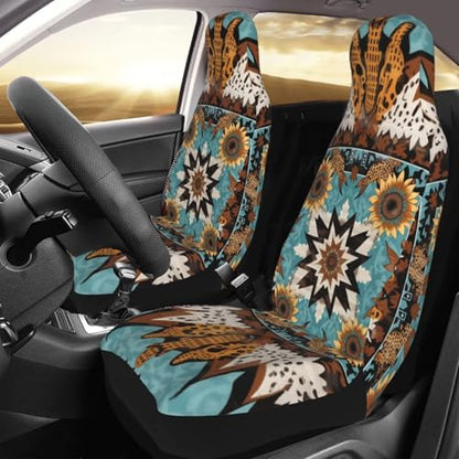 Car Seat Covers for SUV Truck Van Sedans Boho Sunflower Aztec Polyester Fabric Front Bucket Seat Cover Southwest Western Cow Teal Blue Car Accessories, Set of 2pcs - color: BOHO Sunflower