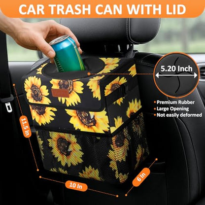 Vankor 3 Gallons Car Trash Can with Lid, Car Bag Bin Hanging Waterproof Automotive Garbage Cans Leak Proof Vehicle Trash Can Sunflower - color: Sunflower, size: 3 Gallons