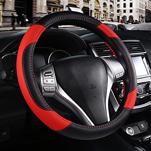 Leather Car Steering Wheel Cover, Non-Slip Car Wheel Cover Protector Breathable Microfiber Leather Universal Fit for Most Cars (Black & Red) - color: Black & Red