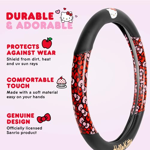 Hello Kitty Steering Wheel Cover, Official Sanrio Car Steering Wheel Cover with Universal Size 14.5-15.5, Cute Black for Women, Hello Kitty Car Accessories (Hello Kitty Bows) - style: Hello Kitty Bows