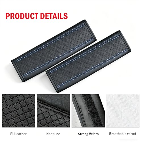 Seat Belt Pads Leather Seat Belt Covers More Comfort Driving Cushion Helps Protect Your Neck and Shoulders Suit for Car, Truck, SUV, Airplane,Camera Backpack Straps Black+Blue-2Pcs - color: Black+Blue