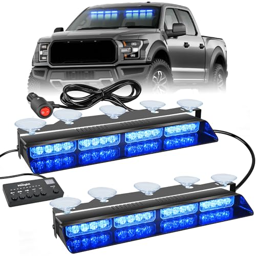 Nilight 32LED Blue Emergency Dash Strobe Lights with Controller Suction Cups Warning Hazard Interior Front/Rear Windshield Deck Split Light Bar for Trucks Construction Vehicles - color: Blue