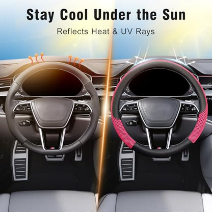 KAFEEK 15 inch Steering Wheel Cover, Cooling Ice Silk Mesh with Microfiber Leather, Heat Resistant, Breathable, Anti-Slip, Summer Cool, Universal Fit, Black & Red - color: red, size: Standard Size[14.5"-15"]
