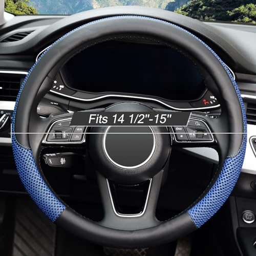 KAFEEK Steering Wheel Cover, Universal 15 inch, Microfiber Leather Viscose, Breathable, Anti-Slip,Warm in Winter and Cool in Summer, Black&Blue - color: blue, size: Standard Size[14.5"-15"]