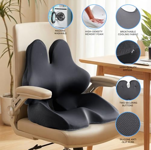 Seat Cushion Lumbar Support Pillow Set for Tailbone & Sciatica Pain Relief, Chair Cushions Back Support with Ergonomic Design Memory Foam XLarge Coccyx Pad for Car, Office, Desk, Wheelchair
