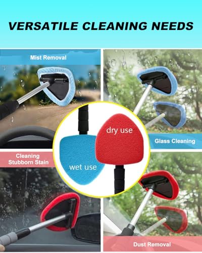 Windshield Cleaner Tool, Car Inside Windshield Cleaner Tool，Inside Car Window Cleaning Tool Kit, Window Glass Wiper Kit Comes with 4 Washable & Reusable Microfiber Pads, 2 Wet and 2 Dry Use - color: Red+Blue