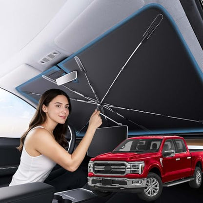 Zanch 2025 Upgraded Car Windshield Sun Shade [Cool Down by 75℉ ] with Heat Insulation Coating, Foldable Sunshade Umbrella with Flexible Handle & Ribs, Large (34''x61'') for Large SUV, Truck, Van - size: Large 61''x34''