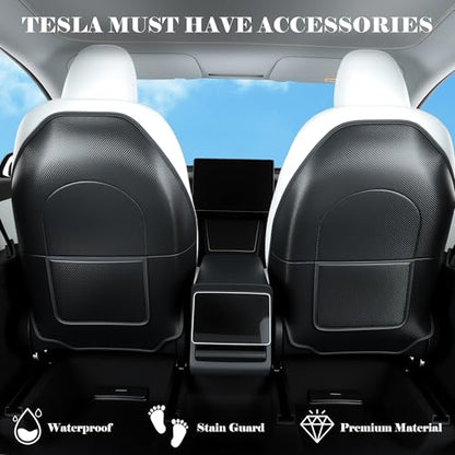 TOPABYTE Seat Back Kick Protector for Tesla Model Y Model 3 Model S Model X Leather Backseat Mats for Kids Wear-Resistant Back Seat Cover with Extra Organizer Pocket 2 PCS -Carbon Fiber