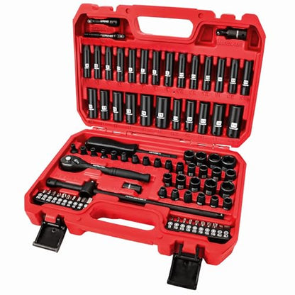 LLNDEI 1/4 inch Drive Impact Socket Set 83 Piece,Standard SAE(5/32-9/16 inch) Metric Size(4-15mm),72T Ratchet Wrench Handle,CR-V Mechanics Tool Set with Adapter,Screwdriver Bits for Automotive Repair - size: 83-Piece 1/4" Drive Impact Socket Set