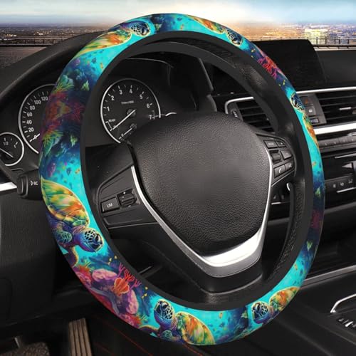 Colorful Sea Turtle Swimming Among Coral Reefs Steering Wheel Protective Cover Car Universal, 15-Inch Thicken Steering Wheel Grip Cover for SUV, Van, Car, Car, Truck - color: 9