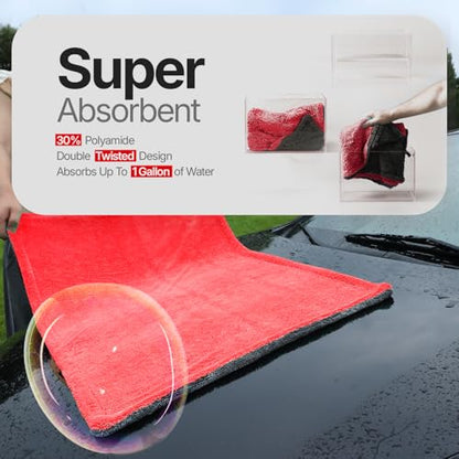 Crystal Clean 1300GSM Microfiber Towels for Cars – XL Drying Towel with Double Twisted Loop, Professional Detailing Towel Car Detailers - Quick Dry, Paint Safe & Swirl-Free (Grey+Red) - color: Grey+red