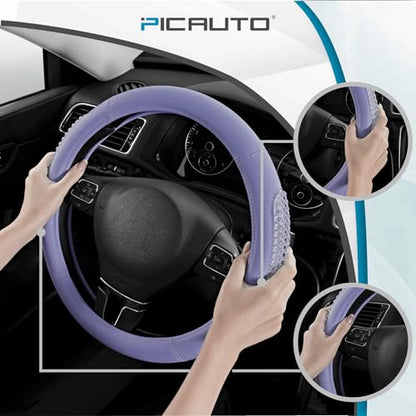 PIC AUTO Steering Wheel Cover, Glitter Gel Particles & Purple Luxury Leather Car Steering Cover, Universal Fit 14.5"-15.5" Anti-Slip Car Wheels Cover for Girls & Women - color: Purple