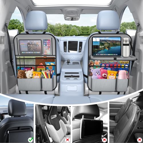 2PACK-Car Backseat Organizer with Touch Screen Tablet Holder,9 Storage Pockets Storage Organizer with Foldable Food Tray, Protector Kick Mats for Kids, Travel Accessories Organizer (Grey) - style: 2 Pack with Food Tray-Grey