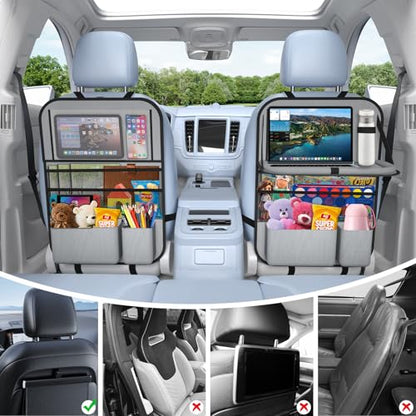 2PACK-Car Backseat Organizer with Touch Screen Tablet Holder,9 Storage Pockets Storage Organizer with Foldable Food Tray, Protector Kick Mats for Kids, Travel Accessories Organizer (Grey) - style: 2 Pack with Food Tray-Grey