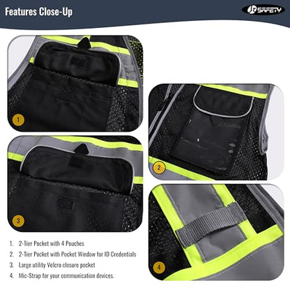 JKSafety Hi-Vis Unisex Surveyor Safety Vest Heavy Duty PPE Inner Pockets ANSI/ISEA Compliant - color: Jk189-black, size: XX-Large