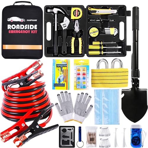 HAIPHAIK Car Emergency Kit,Emergency Roadside Kit for Car,Car Accessories for Women or Men,Car Safety Kit with Jumper Cables 11.8 FT,Tow Strap,Folding Survival Shovel,Roadside Emergency Kit - size: XXXL-014
