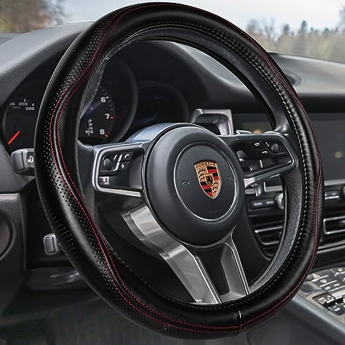 HAOKAY Top Grade Black Genuine Leather Steering Wheel Cover Women Men, Luxury Steering Wheel Cover for Cars, SUVS and Trucks, Universal 14.5-15 inch - color: BLACK/RED