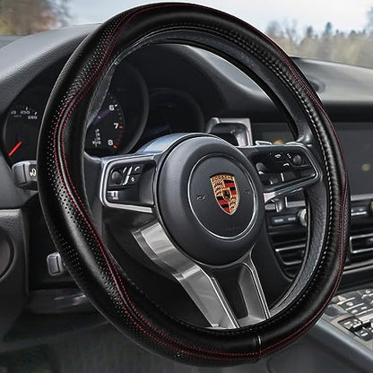 HAOKAY Top Grade Black Genuine Leather Steering Wheel Cover Women Men, Luxury Steering Wheel Cover for Cars, SUVS and Trucks, Universal 14.5-15 inch - color: BLACK/RED