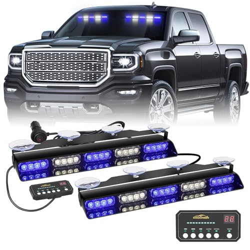 XRIDONSEN 2x 17 inch Blue White Emergency Dash Strobe Lights Bar 40 LED Interior Front/Rear Windshield Lights Safety Flashing Warning Hazard w/Suction Cups for Police Firefighter Vehicles Trucks Car - color: Blue/White