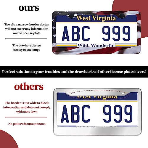 Patriotic American Flag License Plate Frame Holder - 2 Pack Universal Aluminum Matte Stripe US Flag Gloss Car Plate Frame Covers with 2 Holes and Free Screws Fasteners Caps - color: Matte American flag Narrow side A
