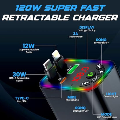 Bluetooth 5.3 Car FM Transmitter with 120W Max Power, Retractable Cables (80cm), Digital Display, Hands-Free Calling, Noise Canceling, and Dual Device Charging