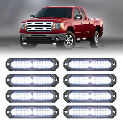 HLauto 1200T Emergency Strobe Grille Lights: 8pcs 12 LED Sync Feature Safety Warning Flashing Light, Ultra Slim Surface Mount Hazard Caution Light for Trucks, Vehicles, Car, ATV, UTV (White) - color: White
