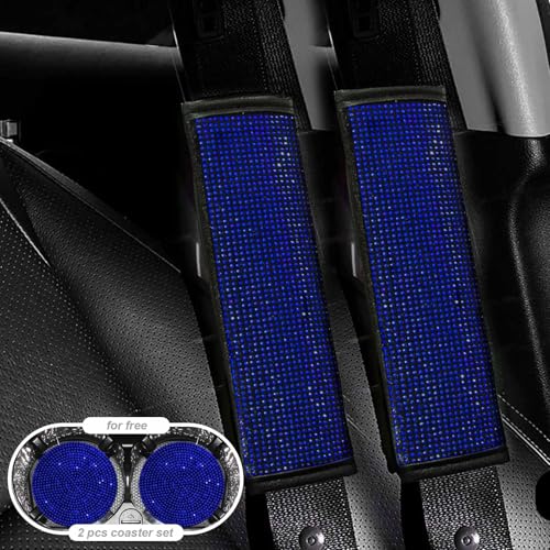 2PCS Blue Bling Car Seatbelt Strap Covers for Women Girls - Crystal Rhinestone Velvet Shoulder Pad Protector - Diamond Shine Safety Shoulder Pad, Car Decor Interior Accessories - color: A-Blue 2