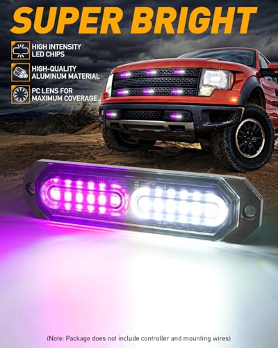 HLauto 1200T Emergency Strobe Grille Lights: 8pcs 12 LED Sync Feature Safety Warning Flashing Light, Ultra Slim Surface Mount Hazard Caution Light for Trucks, Vehicles, Car, ATV, UTV (Purple White) - color: Purple/White