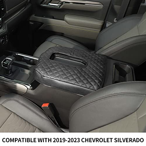 Armrest Pad Cover Center Console Lid Cover Compatible with 2019-2023 Chevrolet Silverado & GMC Sierra, Leather Console Replacement, Black - color: Black A+