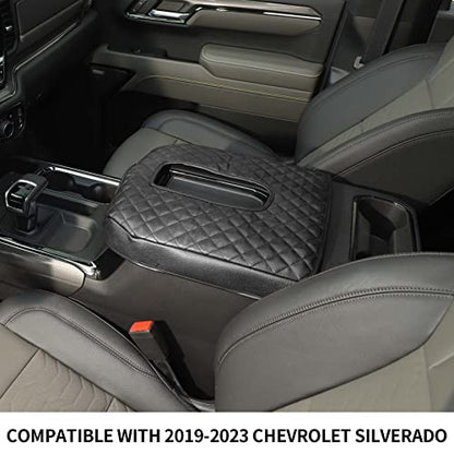 Armrest Pad Cover Center Console Lid Cover Compatible with 2019-2023 Chevrolet Silverado & GMC Sierra, Leather Console Replacement, Black - color: Black A+