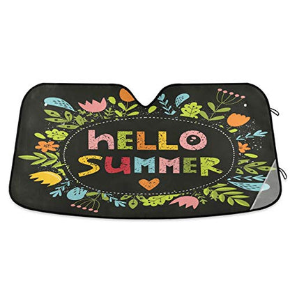 Hello Summer With Flowers Car Windshield Sun Shade Blocks UV Rays Sun Visor Protector Foldable Sun Reflector to Keep Your Vehicle Cool - color: Hello Summer