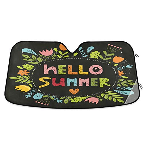 Hello Summer With Flowers Car Windshield Sun Shade Blocks UV Rays Sun Visor Protector Foldable Sun Reflector to Keep Your Vehicle Cool - color: Hello Summer