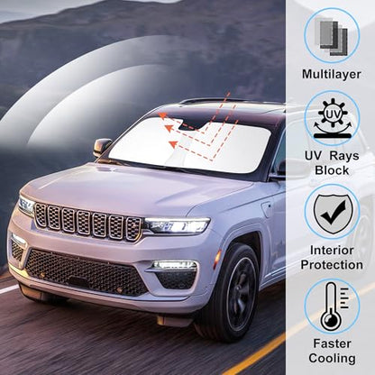 Windshield Sun Shade Custom Fit for 2022 2023 2024 2025 2026 Jeep Grand Cherokee 4XE Accessories Foldable Window Sunshade Protect Car from Sun Rays & Heat Damage Keeps Car Cooler - size: Fit Jeep Grand Cherokee 4XE 2022-2026