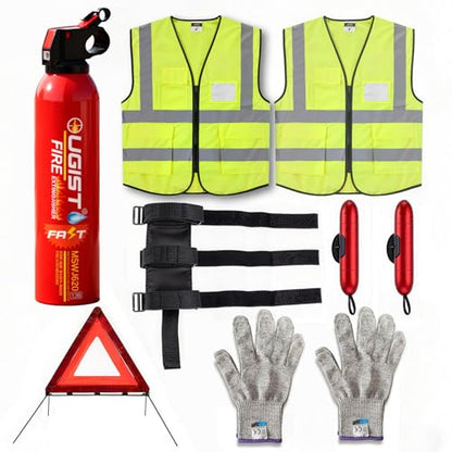 Ougist Roadside Emergency Car Kit with ABCK Fire Extinguisher for Vehicle, Intuitive Window Breaker, Protective Gloves & Triangles, Complete Car Emergency Kit for Breakdown & Fire Safety