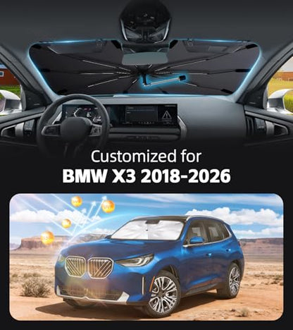 Windshield Sun Shade for BMW X3 2018-2026 with 360° Rotating Shaft, Custom Fit Umbrella Sunshade for UV Blocking, Interior Heat Protection, Easy Storage - size: Fit for BMW X3 2018-2026