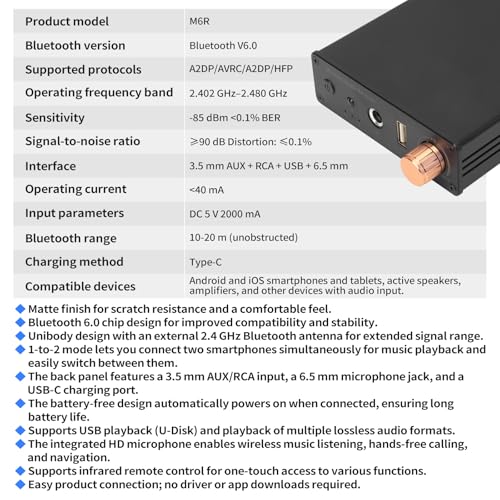 M6R Bluetooth 6.0 Receiver Audio Receivers Support Microphone Singing U Disk Playback Infrared Remote Control Dual Output,for Old Stereo/Speakers/Wired Speakers/Home Audio Music Streaming Etc - color: M6R