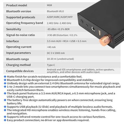 M6R Bluetooth 6.0 Receiver Audio Receivers Support Microphone Singing U Disk Playback Infrared Remote Control Dual Output,for Old Stereo/Speakers/Wired Speakers/Home Audio Music Streaming Etc - color: M6R