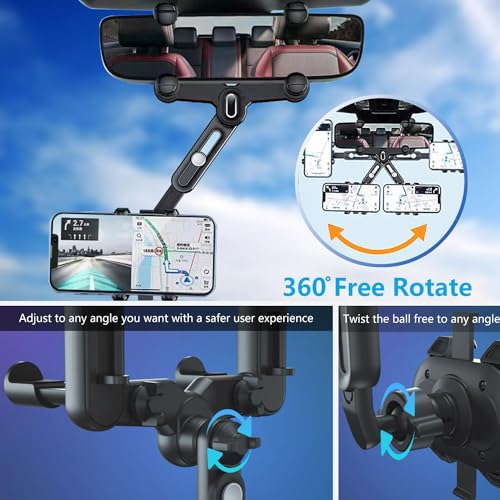 LvShuLiangPin Rearview Mirror Phone Holder for Car, 360° Rotating Rear View Mount with Adjustable Arm Length, Upgraded Four Corners Fixed Anti-Shake Multifunctional Design for All Smartphones
