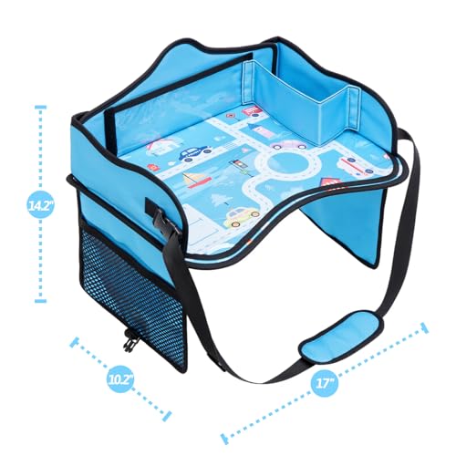 OUOZZZ Kids Travel Tray for Car - Boy's Safety Seat Table, Toddler Road Trip Essentials - Carseat/Airplane Lap Desk with Weight-Relief Strap, Non-Skid Silicone Base, Waterproof Dining/Craft Mat - color: Car