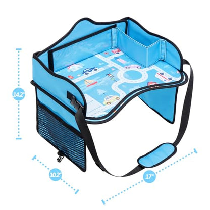 OUOZZZ Kids Travel Tray for Car - Boy's Safety Seat Table, Toddler Road Trip Essentials - Carseat/Airplane Lap Desk with Weight-Relief Strap, Non-Skid Silicone Base, Waterproof Dining/Craft Mat - color: Car