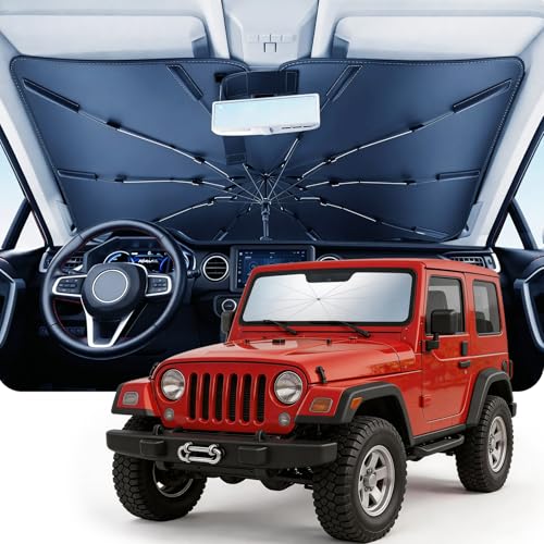 DMJN Umbrella Windshield Sun Shade for Jeep Wrangler JL JK JT TJ (2011-2026), Car Sunshade for Front Windshield [Nano Ice-Crystal Coatings] UPF50+ Heat & UV Block, Protect Interior & Keep Cooler - size: For | Jeep Wrangler Jl Jk Jt Tj (2011-2026)