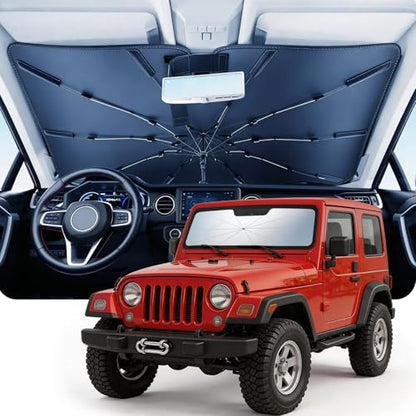 DMJN Umbrella Windshield Sun Shade for Jeep Wrangler JL JK JT TJ (2011-2026), Car Sunshade for Front Windshield [Nano Ice-Crystal Coatings] UPF50+ Heat & UV Block, Protect Interior & Keep Cooler - size: For | Jeep Wrangler Jl Jk Jt Tj (2011-2026)